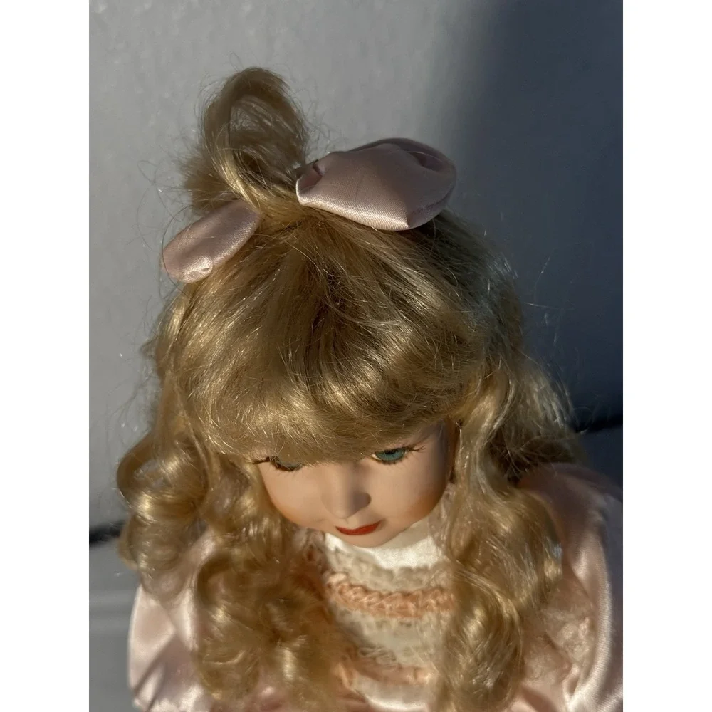 Lt Brown Hair Green Eyes Decorative Porcelain Doll Collection With Pink Outfit